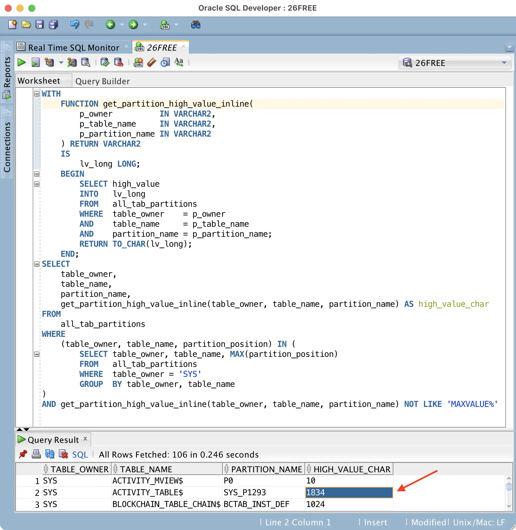 SQL Developer output of the partition high value query